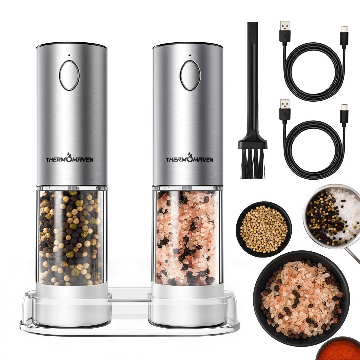 ThermoMaven Electric Salt and Pepper Grinder Set, 110ml Larger Rechargeable Automatic Salt and Pepper Mill Grinder with 6 Adjustable Coarseness, Electric Salt and Pepper Shakers, LED, 2 Packs, Black