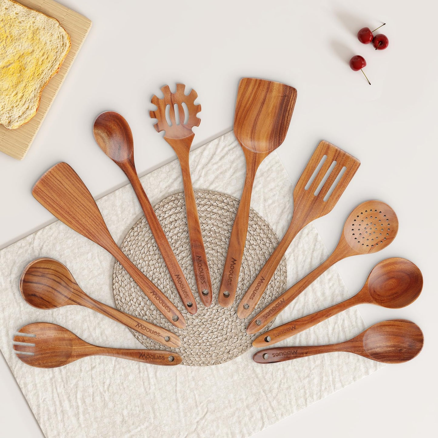 9 Piece Natural Teak Wooden Kitchen Utensil Set with Spoon Rest - Comfort Grip Cooking Spoons and Utensils Holder