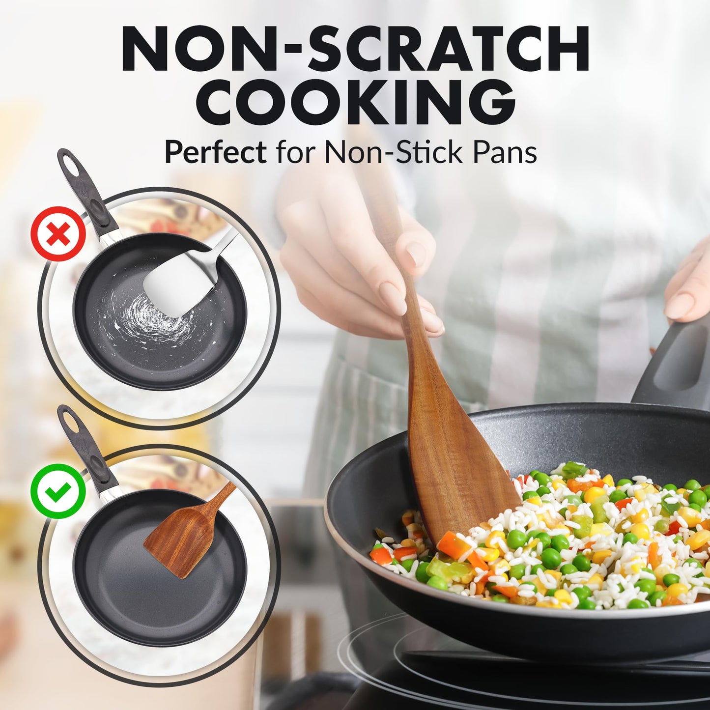 Zulay Kitchen 9.4" Teak Wooden Cooking Spoon – Durable, Non-Stick Wooden Utensil for Cooking, Stirring, Mixing & Serving – Heat-Resistant, Smooth Finish Kitchen Spoon for Nonstick Cookware