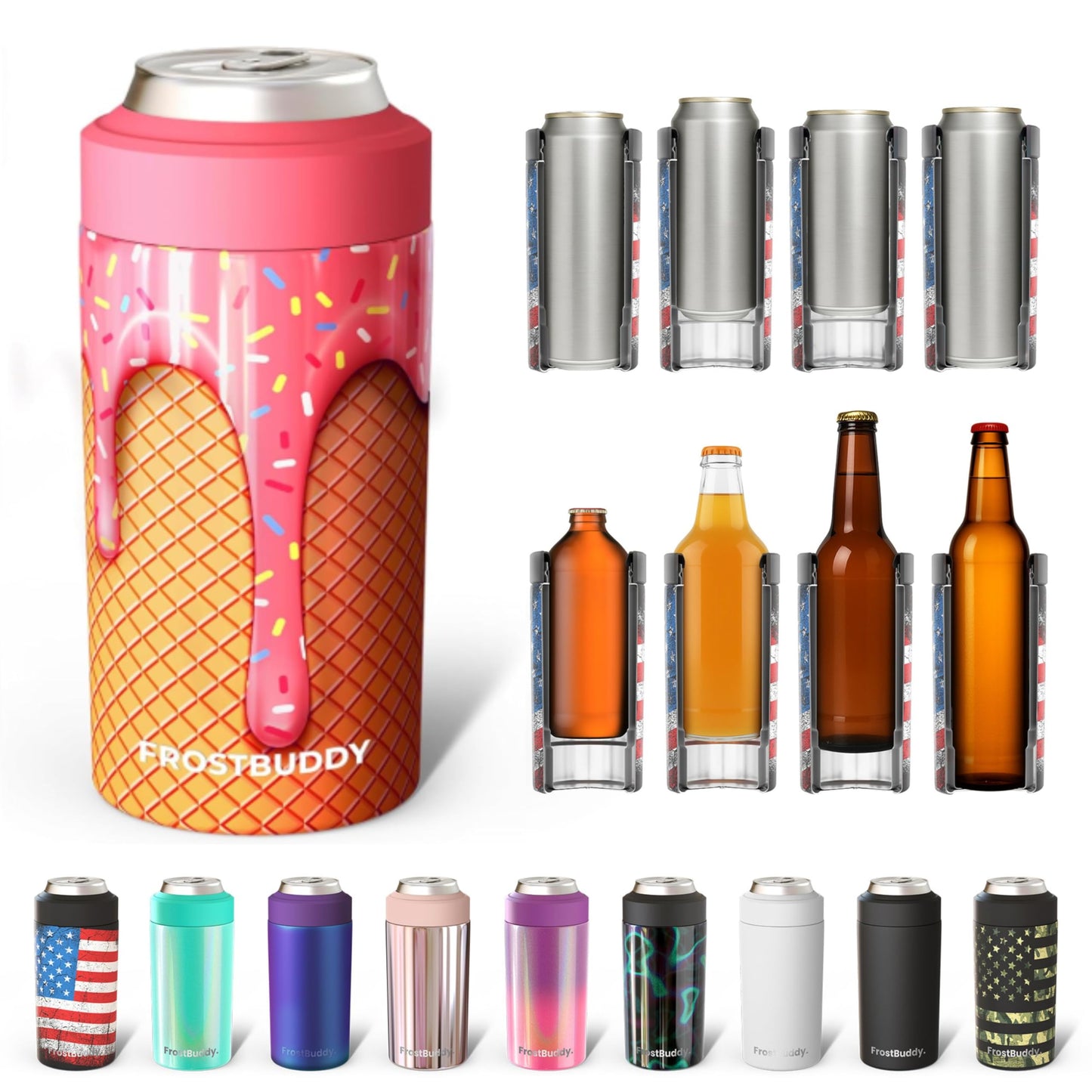 Frost Buddy Universal Buddy Can Cooler - Fits All - For Regular 12 & 16 oz or Slim-Size Bottles - Insulated Double -Walled Stainless Steel (All white)