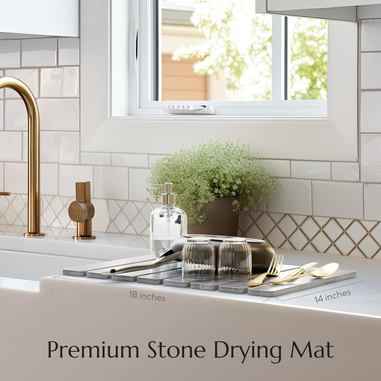 Stone Drying Mat for Kitchen Counter - Collapsible Diatomaceous Earth Dish Drying Stone - Fast Absorbent Stone Dish Drying Mat for Dishes and Pots (White Marble)