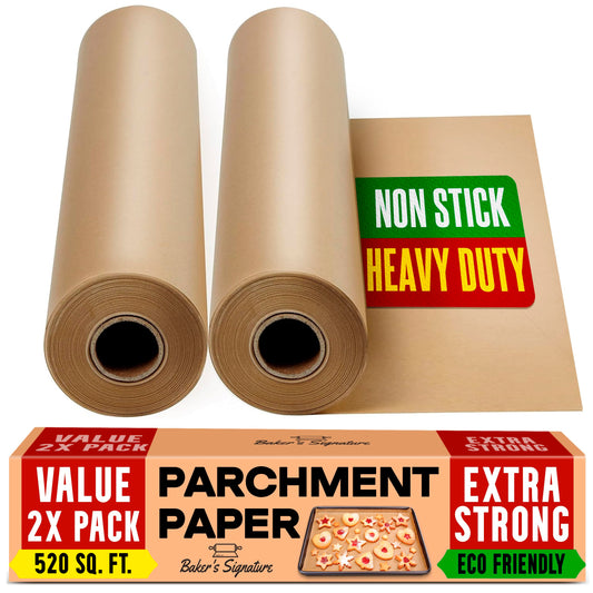 Unbleached Parchment Paper for Baking – 2-Pack 520 Sq.Ft Total - 15 in x 210 ft Baking Paper Roll with Cutter, Non-Stick Brown Parchment for Baking, Cooking, Grilling, Steaming by Baker’s Signature