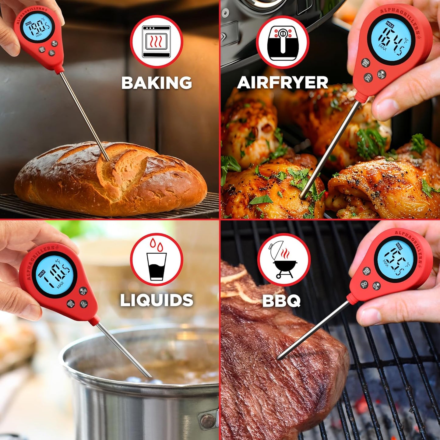 Alpha Grillers Instant Read Meat Thermometer Digital Food Thermometer for Cooking Grilling Bread Baking Liquids and Air Fryer with Temperature Guide, Long Probe and Large Backlit Display