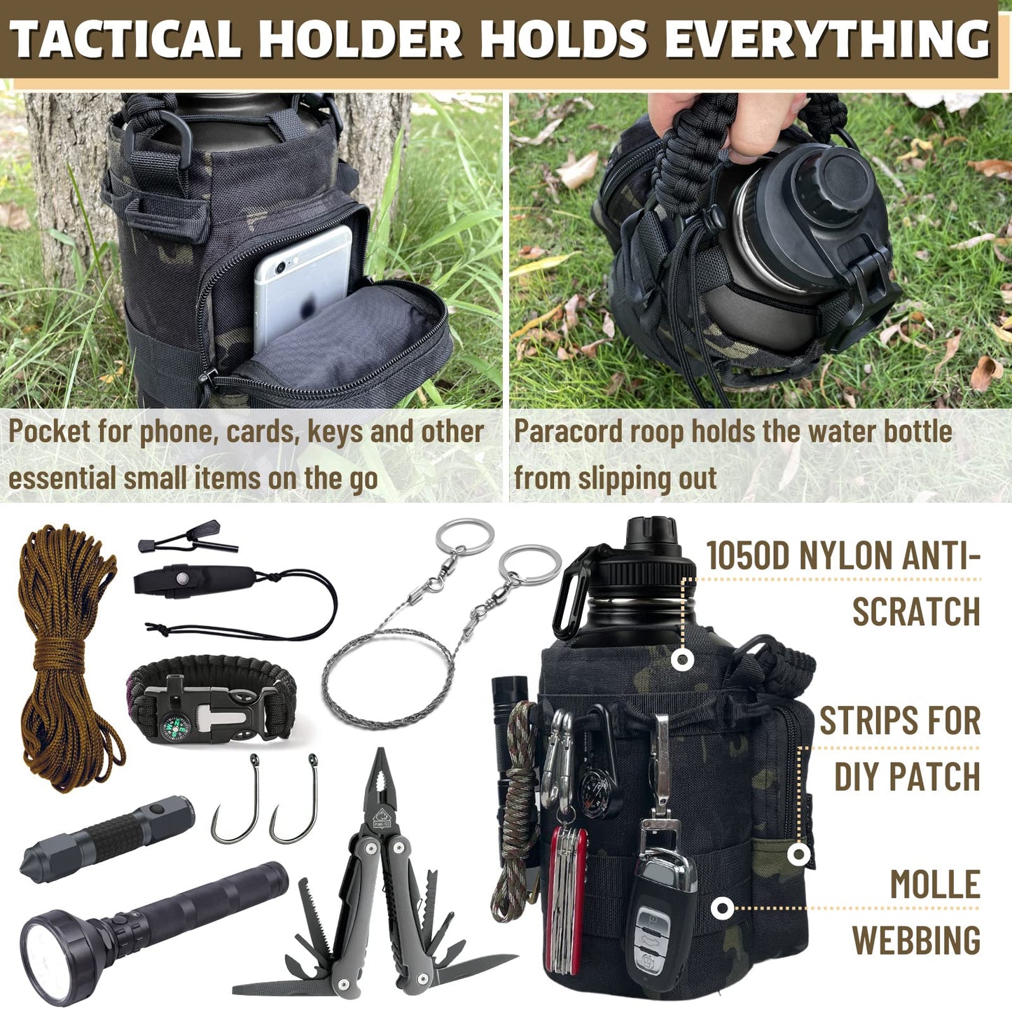 32 Oz Water Bottle with Sleeve - Insulated Bottle with Strap Stainless Steel Gym Water Bottles for Men Sports Workout Hiking All Black