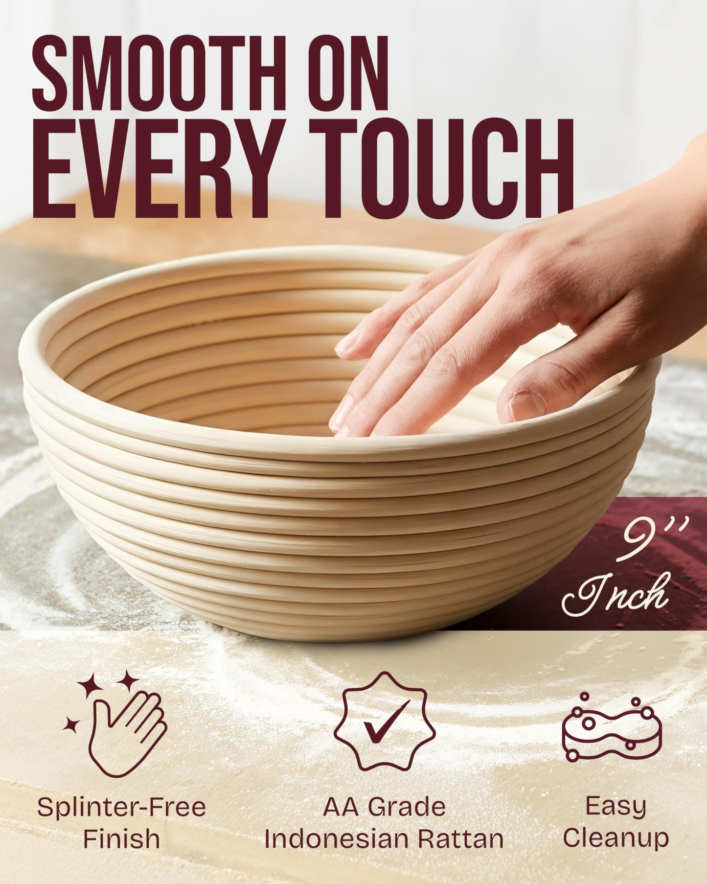 Superbaking 2 pcs Banneton Bread Proofing Basket, 9" Splinter-Free Round Rattan Bread Basket with Liners, Sourdough Starter Kit, Sourdough Bread Baking Supplies & Sourdough Kit, Bread Making Tools