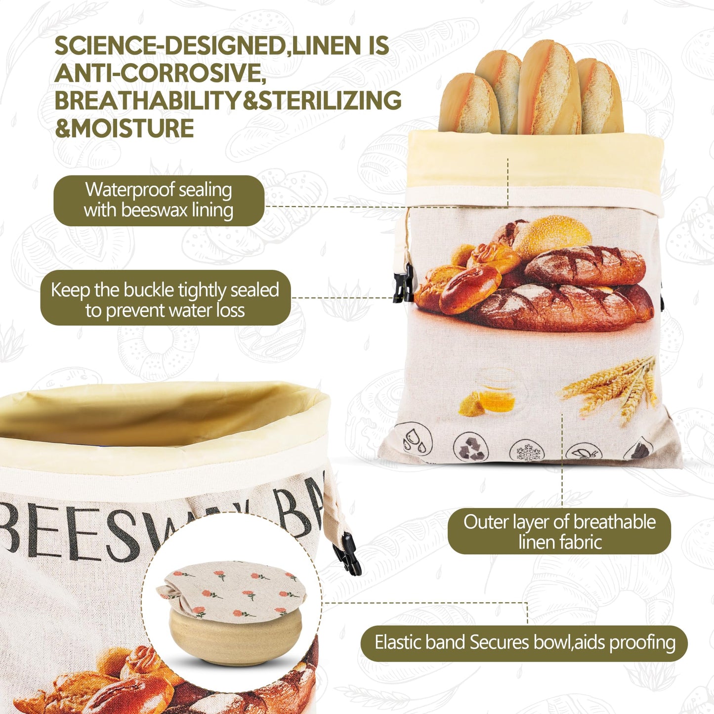 3-Pack Reusable Beeswax Bread Bags for Homemade Bread Sourdough, 2 Natural Beeswax 100% Linen Moisture-proof Lined Storage Bags with Buckle& 1 Bowl Covers –Easy to Clean,Safe,Keeps Bakes Fresh Longer