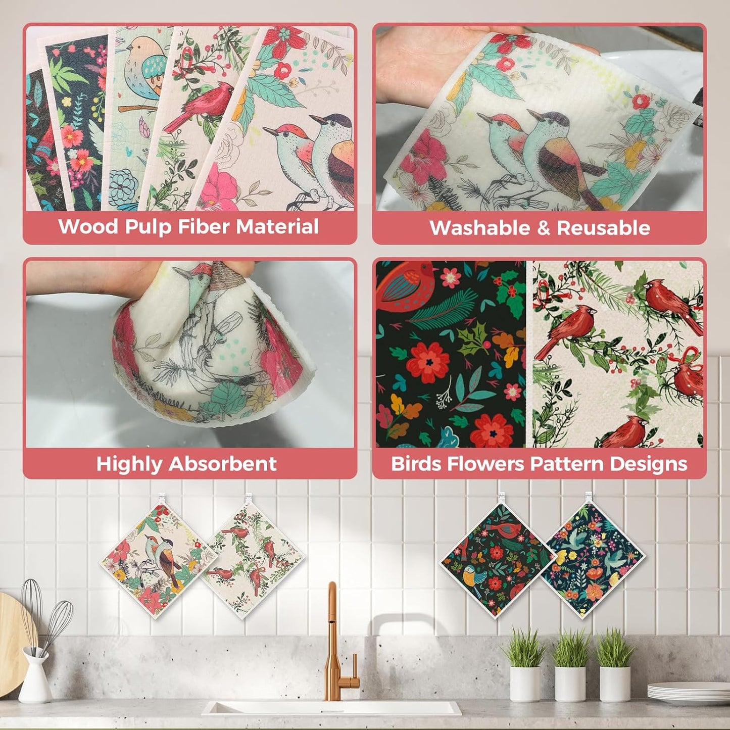 10PCS Swedish Dishcloths for Kitchen, Reusable Dish Rags for Washing Dishes with Clips, Non-Scratch Kitchen Towels and Dishcloths Sets, Washable Swedish Dish Cloths, No Odor(Birds Flowers)