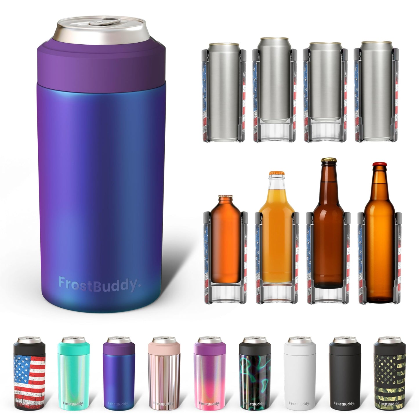 Frost Buddy Universal Buddy Can Cooler - Fits All - For Regular 12 & 16 oz or Slim-Size Bottles - Insulated Double -Walled Stainless Steel (All white)