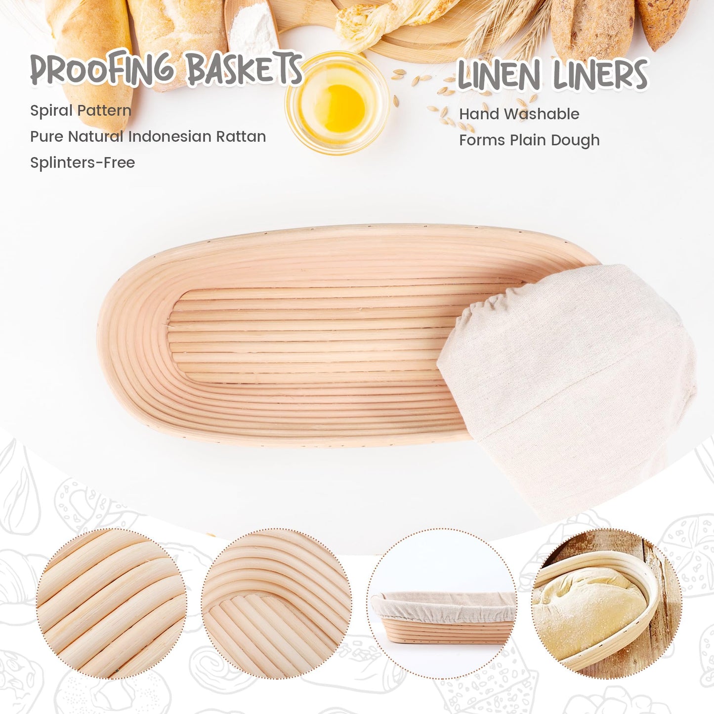Bread Proofing Baskets Set of 2 10 inch Oval Shaped Dough Proofing Bowls w/Liners Perfect for Professional & Home Sourdough Bread Baking