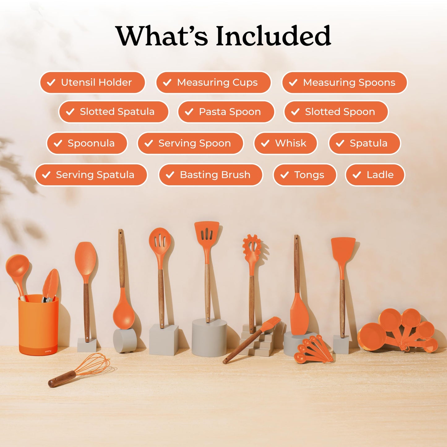 Silicone Kitchen Utensils Set & Holder: Cooking Utensils Set - Kitchen Essentials for New Home & 1st Apartment- Silicone Spatula Set, Cooking Spoons for Nonstick Cookware (Acacia Wood, Cream White)