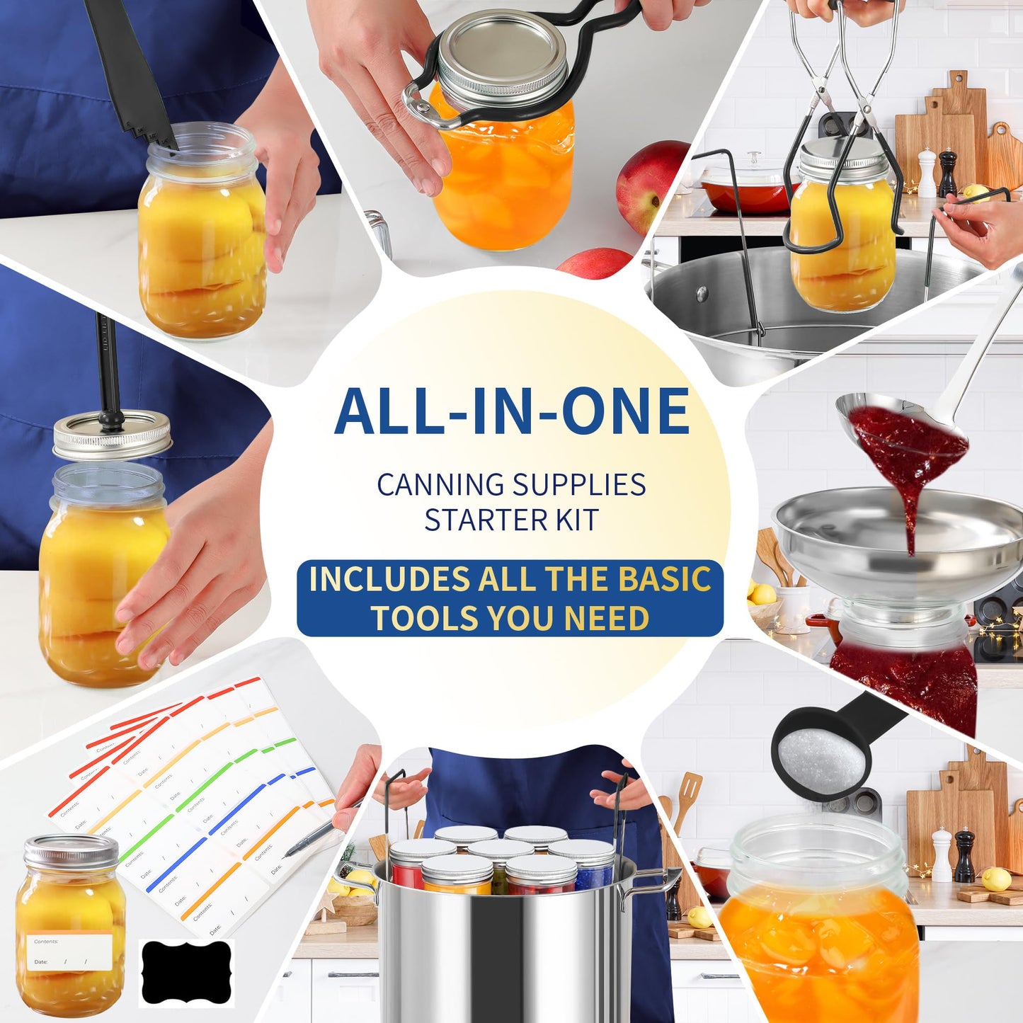 Canning Supplies Starter Kit with Canning Rack,Canning Kit for Beginners 11 Pcs, Jar Lifter, Funnel, Wrench, Tongs, Lid Lifter, Bubble Popper, Labels, Ladle, Measuring Spoon - Black