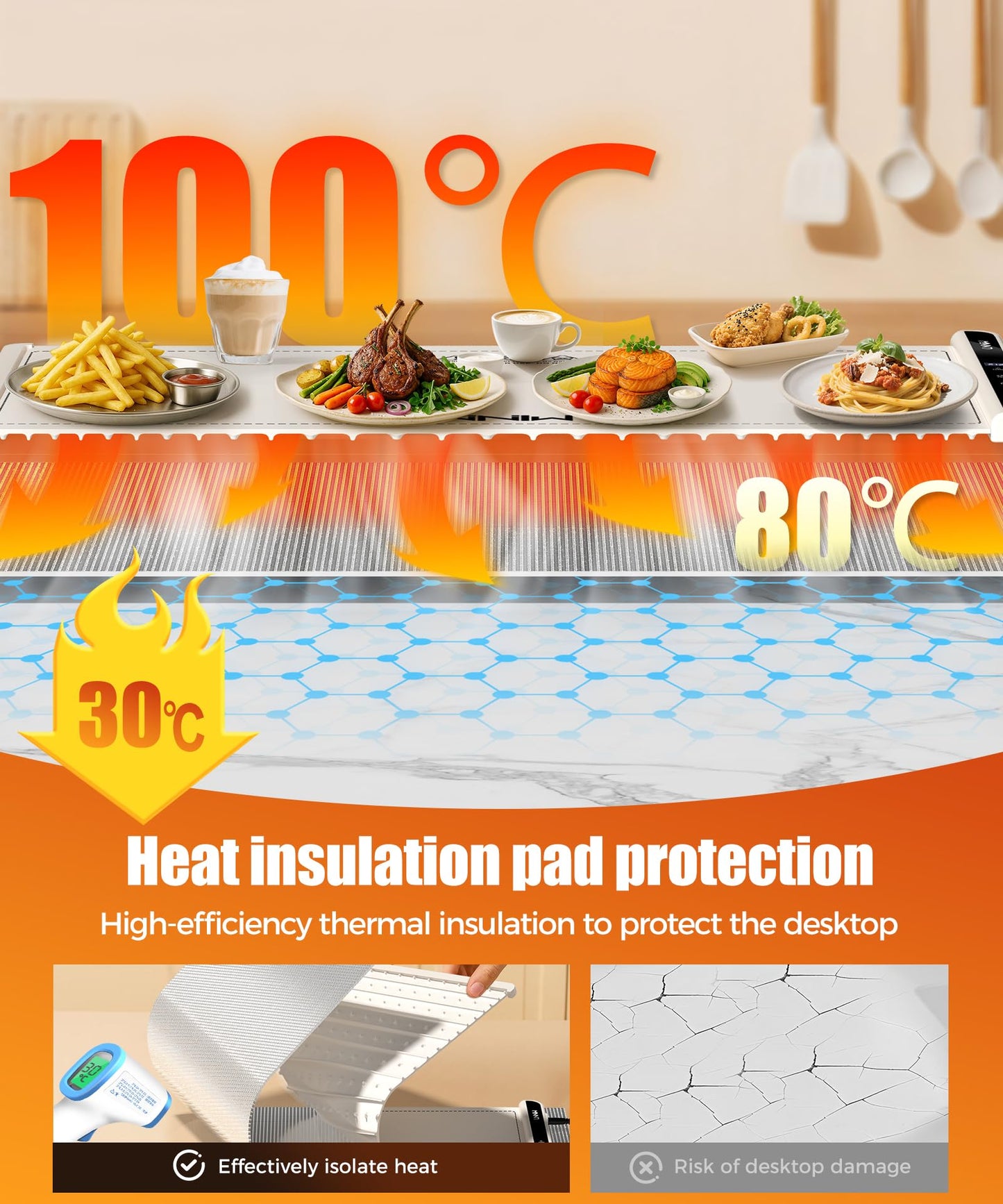 Food Warming Mat with Heat-Resistant Pad, 26X15 Inch, 6 Temperature & 6 Timer Settings, Child Lock Safety,Food Warmer Chafing Dishes for Buffet,Gatherings,Parties,Everyday Use