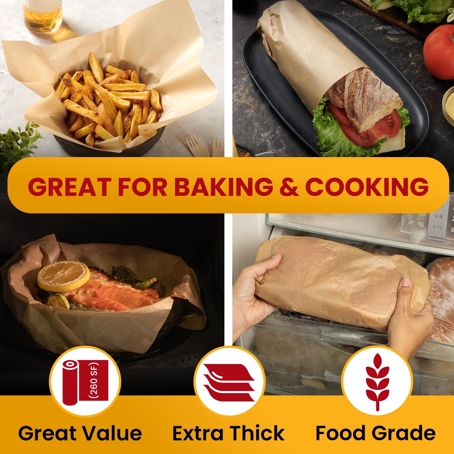 Unbleached Parchment Paper for Baking – 2-Pack 520 Sq.Ft Total - 15 in x 210 ft Baking Paper Roll with Cutter, Non-Stick Brown Parchment for Baking, Cooking, Grilling, Steaming by Baker’s Signature