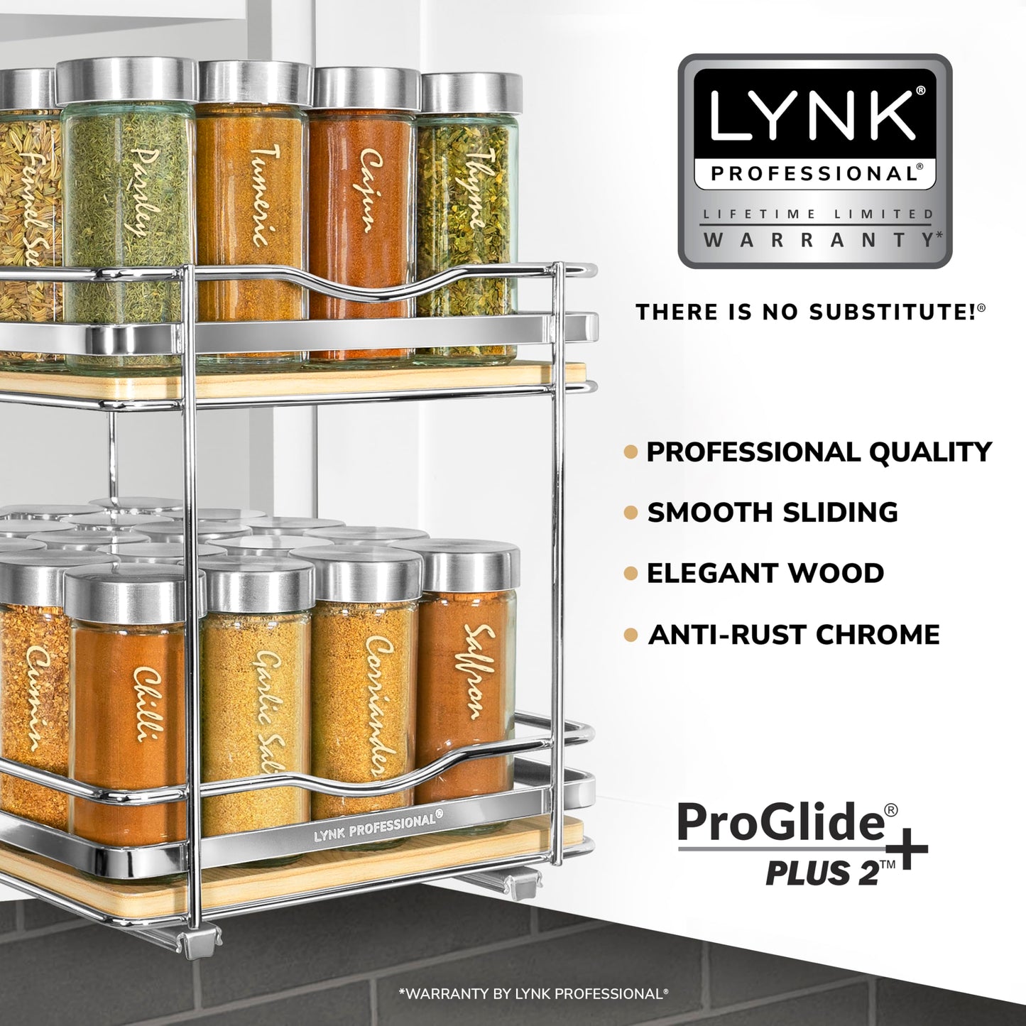 LYNK PROFESSIONAL® Pull Out Spice Rack Organizer for Inside Kitchen Cabinets - 4-3/8 inch Wide - Slide Out Drawer – Black Sliding Spice Cabinet Organization Shelf Racks - 2 Tier