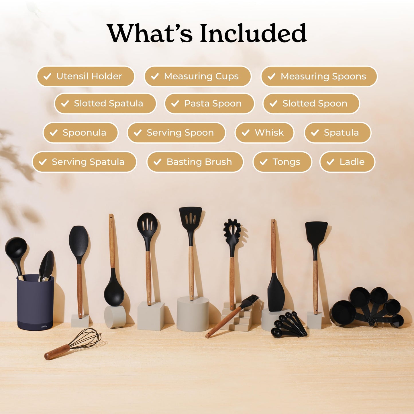 Silicone Kitchen Utensils Set & Holder: Cooking Utensils Set - Kitchen Essentials for New Home & 1st Apartment- Silicone Spatula Set, Cooking Spoons for Nonstick Cookware (Acacia Wood, Cream White)