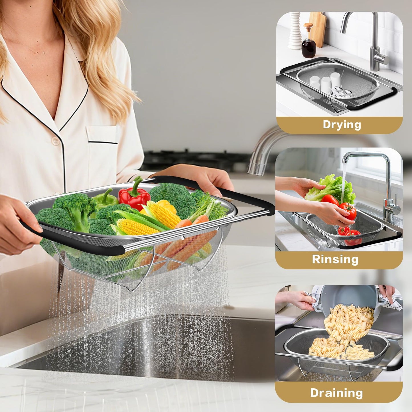 Over the Sink Colander - Strainers and Colanders - Stainless Steel Strainer - Expandable Sink Colander with Rubber Grip for Strain, Drain, Rinse Fruits, Vegetables, Home Kitchen Essentials