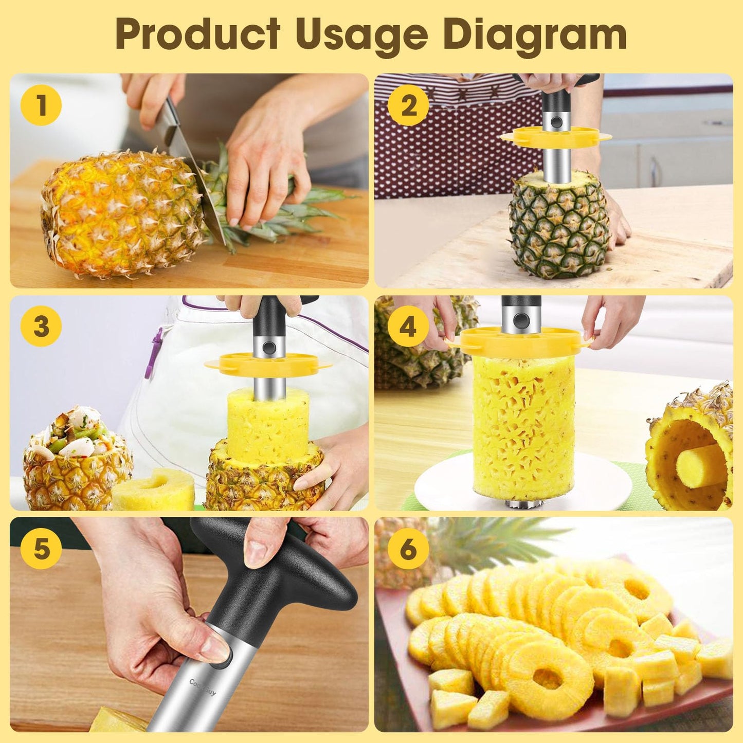Cook Guy Hollow Handle Pineapple Corer and Slicer Set - Features Reinforced Stainless Steel Pineapple Cutter and Fruit Knife - Effortless Core Removal and Slicing Tool