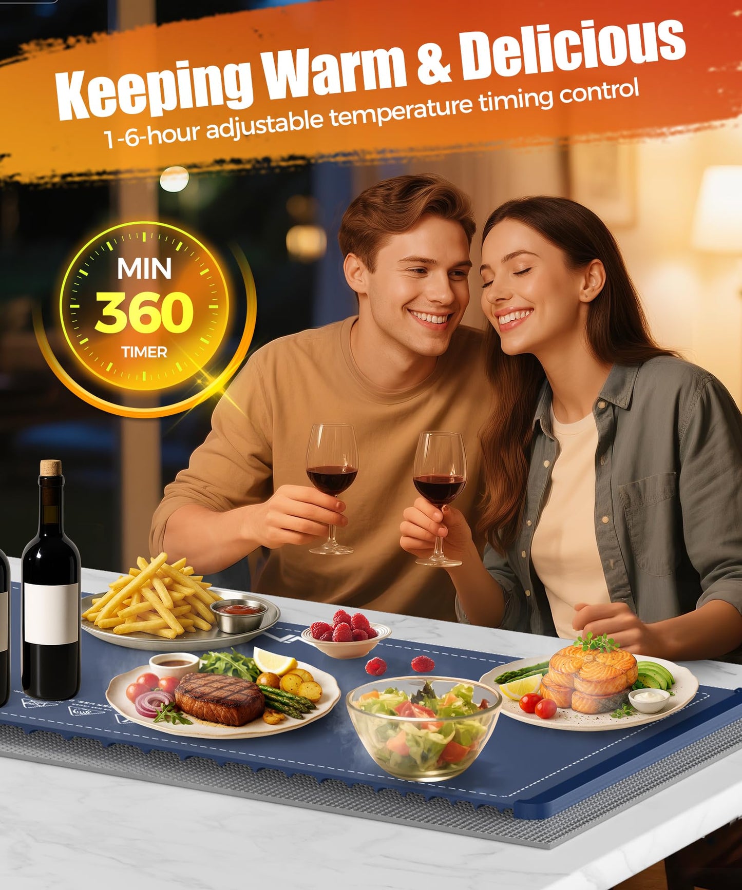 Food Warming Mat with Heat-Resistant Pad, 26X15 Inch, 6 Temperature & 6 Timer Settings, Child Lock Safety,Food Warmer Chafing Dishes for Buffet,Gatherings,Parties,Everyday Use