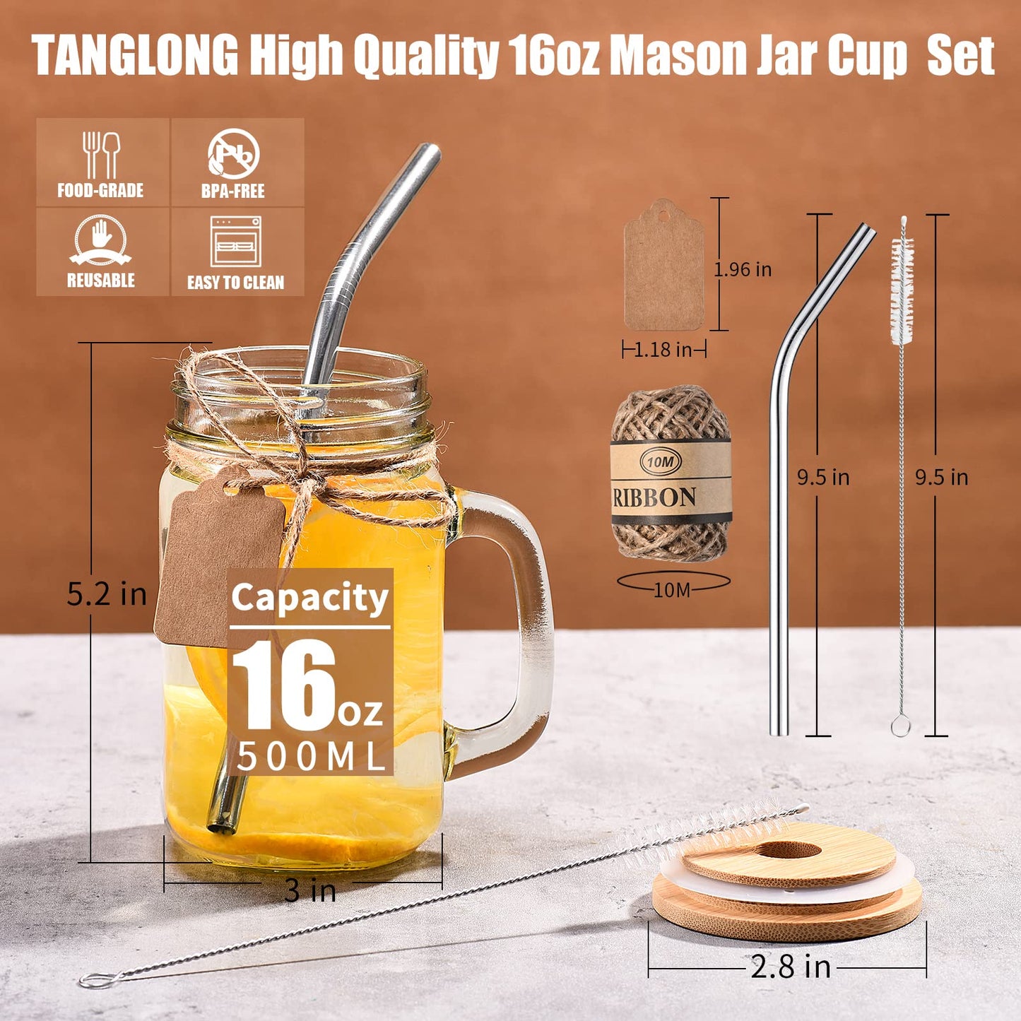 TANGLONG 16 oz Mason Jars with Handle, Mason Jar Cups, Glass Cups with Lids and Straws, Drinking Glasses Set of 12
