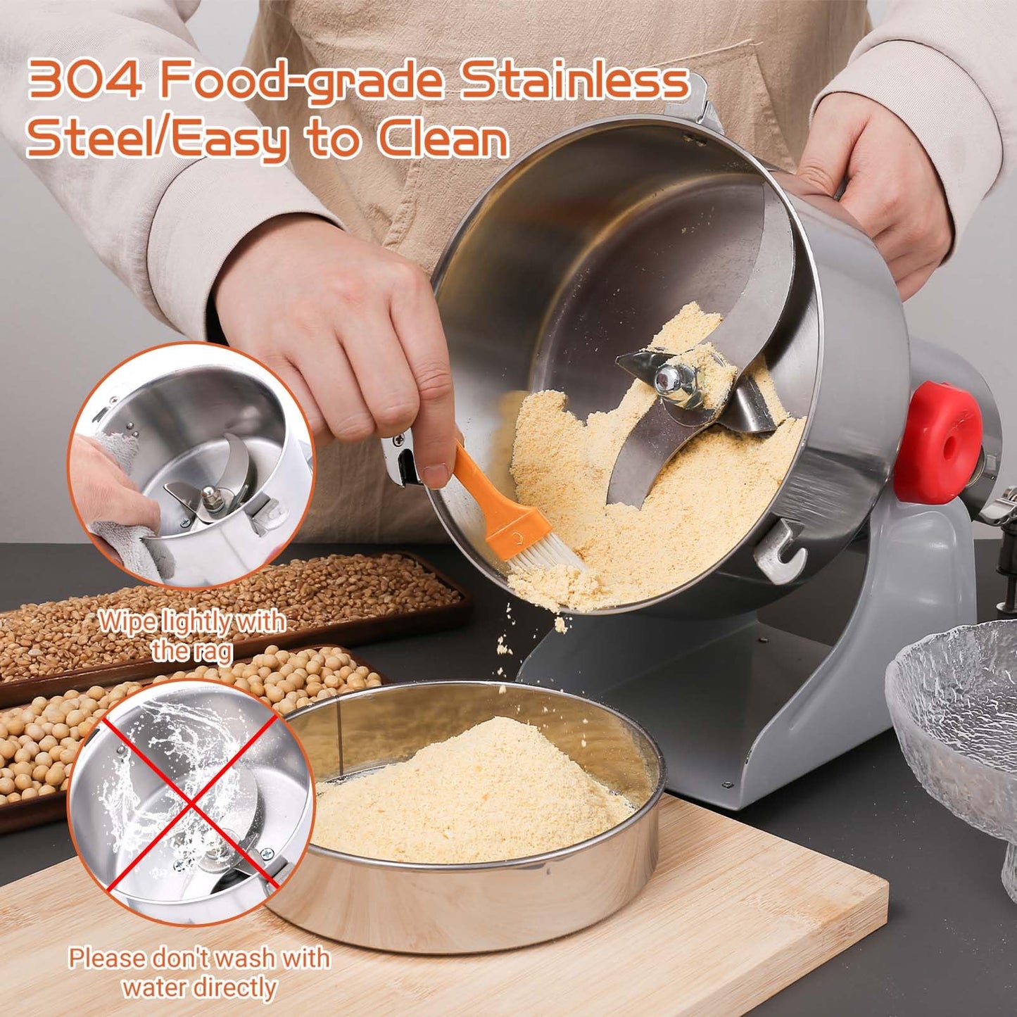 Electric Grain Mill Grinder 800g Stainless Steel Pulverizer 36000r/min High-speed Grain Mill 1800W Dry Material Grinding Machine 270° swingable Superfine powder for Home and Commercial
