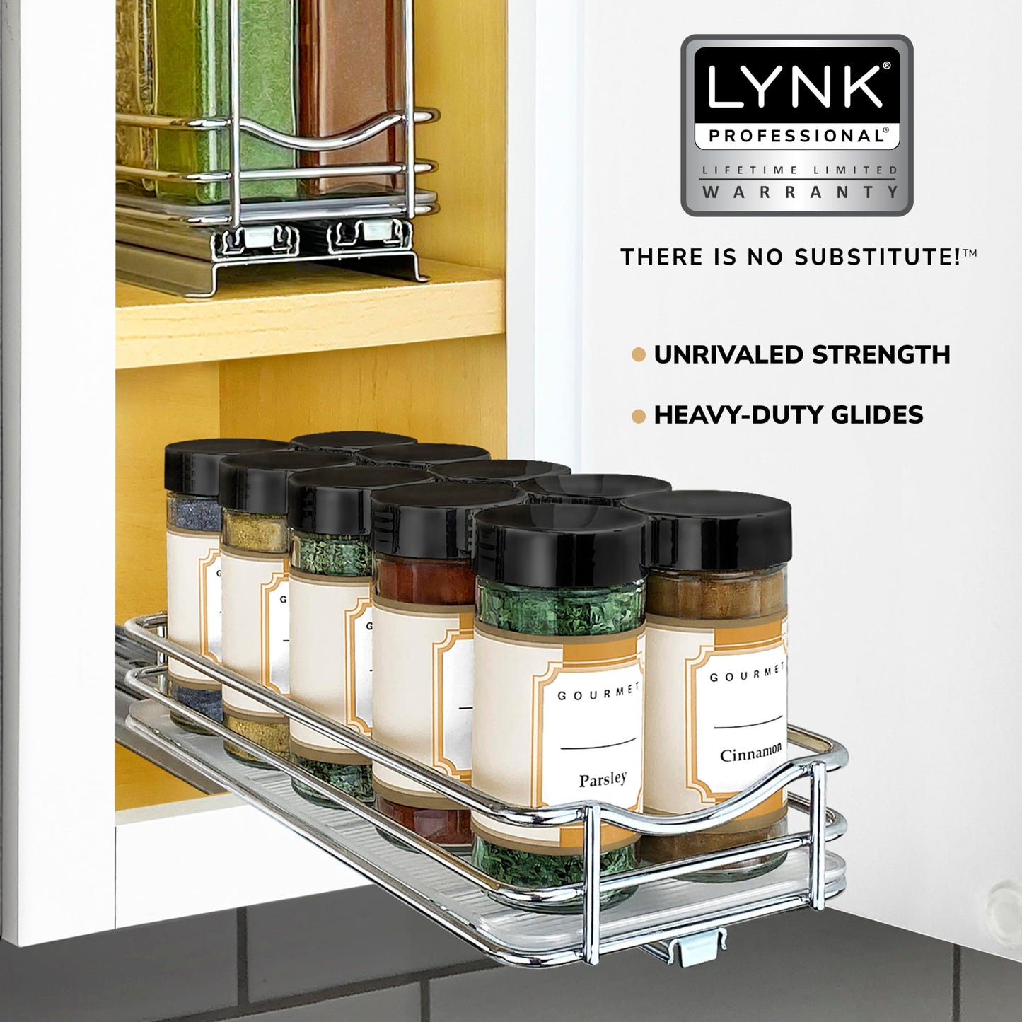 LYNK PROFESSIONAL® Pull Out Spice Rack Organizer for Inside Kitchen Cabinets - 4-3/8 inch Wide - Slide Out Drawer – Black Sliding Spice Cabinet Organization Shelf Racks - 2 Tier