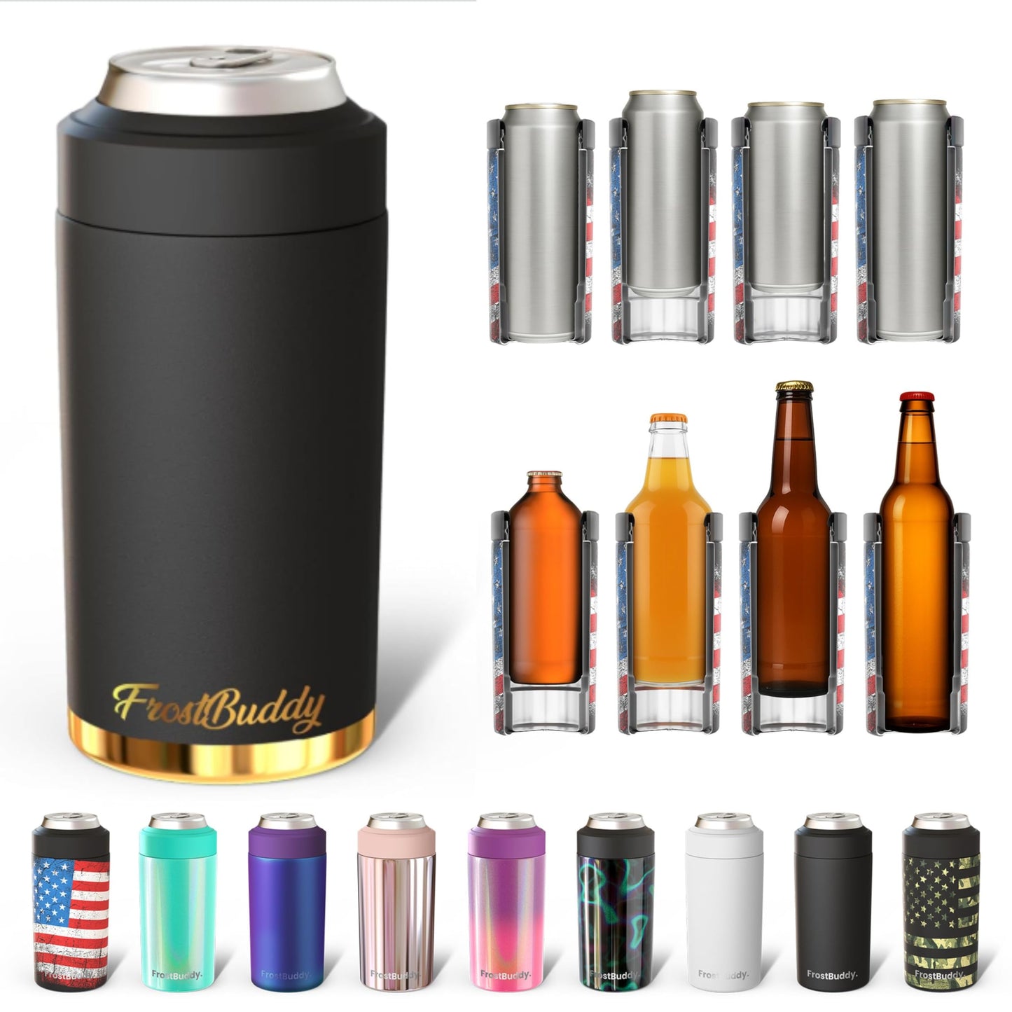 Frost Buddy Universal Buddy Can Cooler - Fits All - For Regular 12 & 16 oz or Slim-Size Bottles - Insulated Double -Walled Stainless Steel (All white)