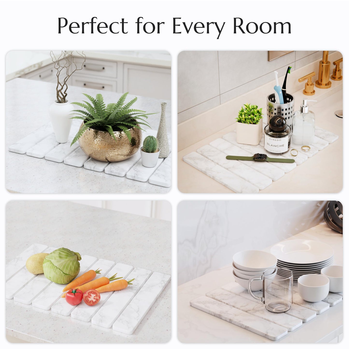 Stone Drying Mat for Kitchen Counter - Collapsible Diatomaceous Earth Dish Drying Stone - Fast Absorbent Stone Dish Drying Mat for Dishes and Pots (White Marble)