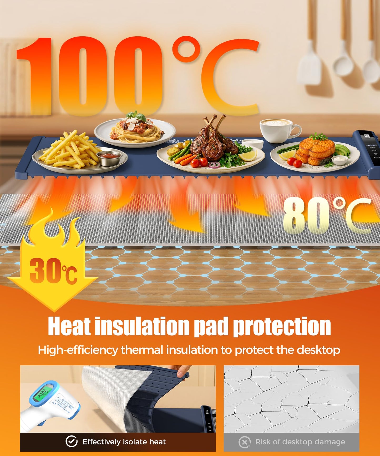 Food Warming Mat with Heat-Resistant Pad, 26X15 Inch, 6 Temperature & 6 Timer Settings, Child Lock Safety,Food Warmer Chafing Dishes for Buffet,Gatherings,Parties,Everyday Use