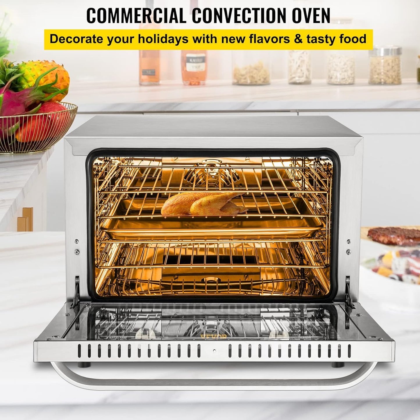 VEVOR Commercial Convection Oven, 21L/19Qt, Quarter-Size Conventional Oven Countertop, 1440W 3-Tier Toaster w/Front Glass Door, Electric Baking Oven w/Trays Wire Racks Clip Gloves, 120V