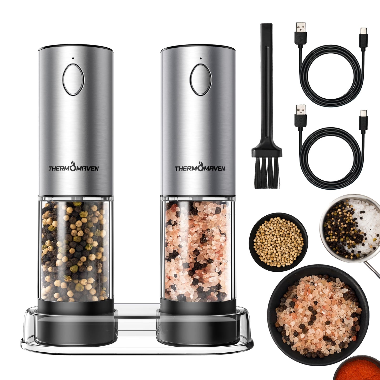 ThermoMaven Electric Salt and Pepper Grinder Set, 110ml Larger Rechargeable Automatic Salt and Pepper Mill Grinder with 6 Adjustable Coarseness, Electric Salt and Pepper Shakers, LED, 2 Packs, Black