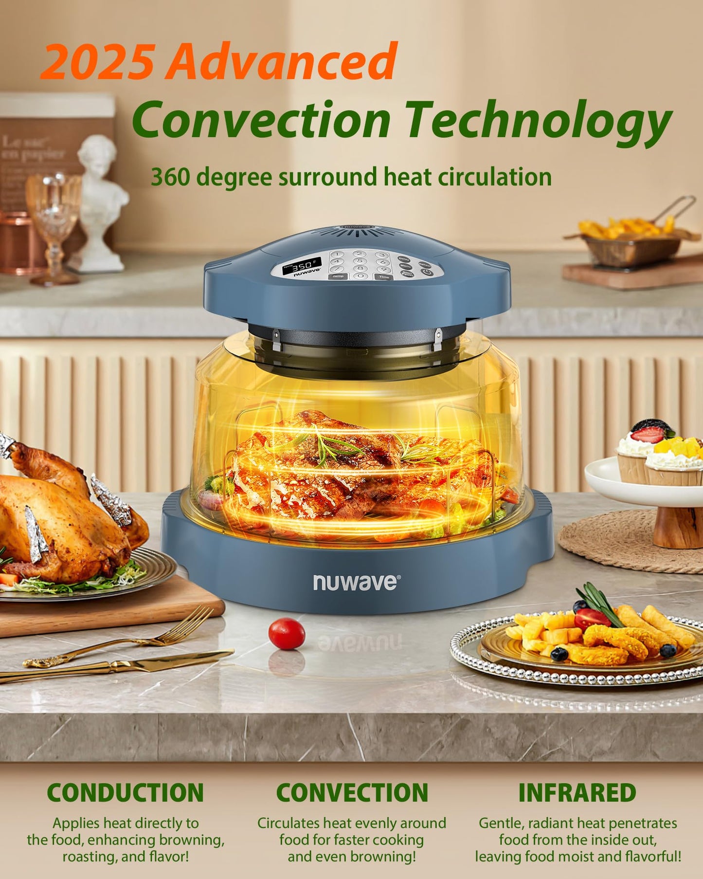 Nuwave Oven Pro Plus Air Fryer, Infra-Red Countertop, 2025 Advanced Convection, No Defrosting or Preheating, Cook Fresh or Frozen, Durable Power Dome, 100 Presets & 50 Memory, PFAS Free, Dark Blue