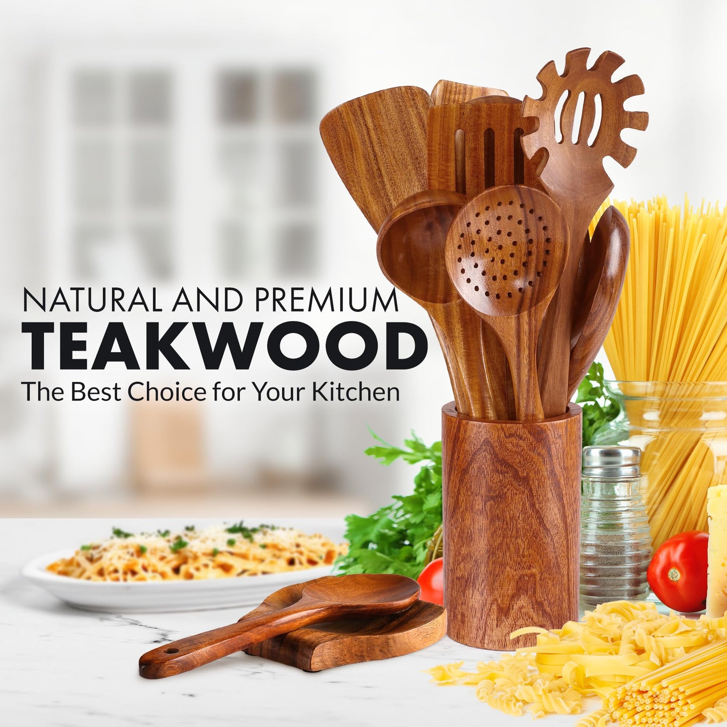 Zulay Kitchen 9.4" Teak Wooden Cooking Spoon – Durable, Non-Stick Wooden Utensil for Cooking, Stirring, Mixing & Serving – Heat-Resistant, Smooth Finish Kitchen Spoon for Nonstick Cookware