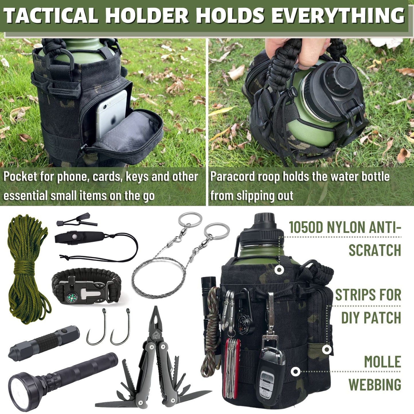 32 Oz Water Bottle with Sleeve - Insulated Bottle with Strap Stainless Steel Gym Water Bottles for Men Sports Workout Hiking All Black