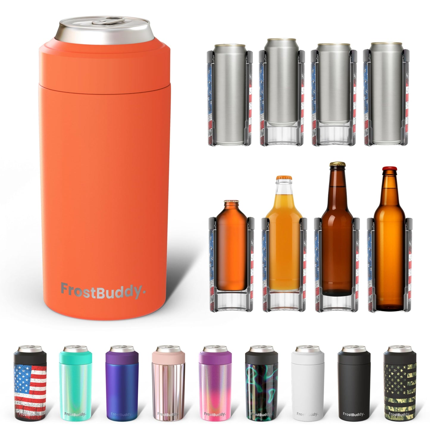 Frost Buddy Universal Buddy Can Cooler - Fits All - For Regular 12 & 16 oz or Slim-Size Bottles - Insulated Double -Walled Stainless Steel (All white)