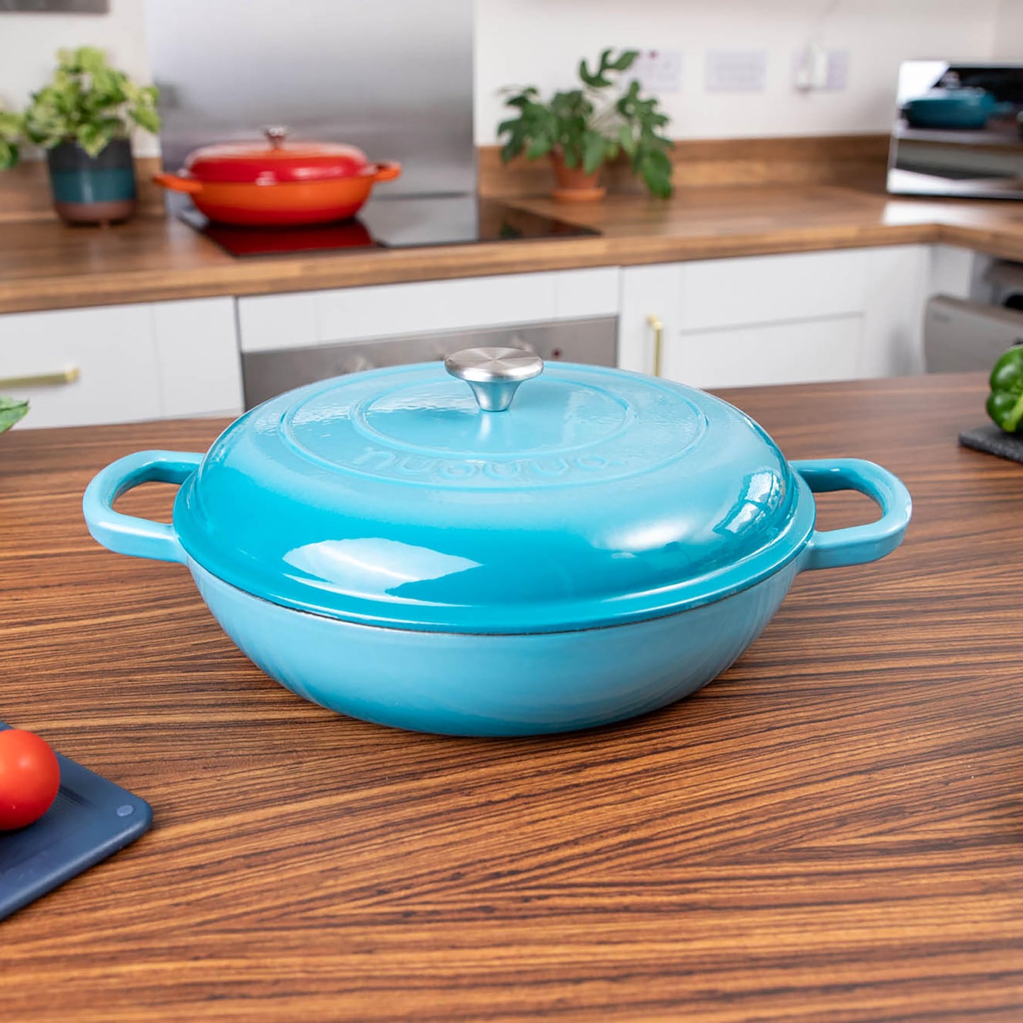 Shallow Cast Iron Casserole with Lid – Non Stick Dutch Oven Pot, Oven Safe up to 500° F – Sturdy Ovenproof Stockpot Cookware – Enamelled Cooking Pot – Black, 5-Quart, 32cm – by Nuovva