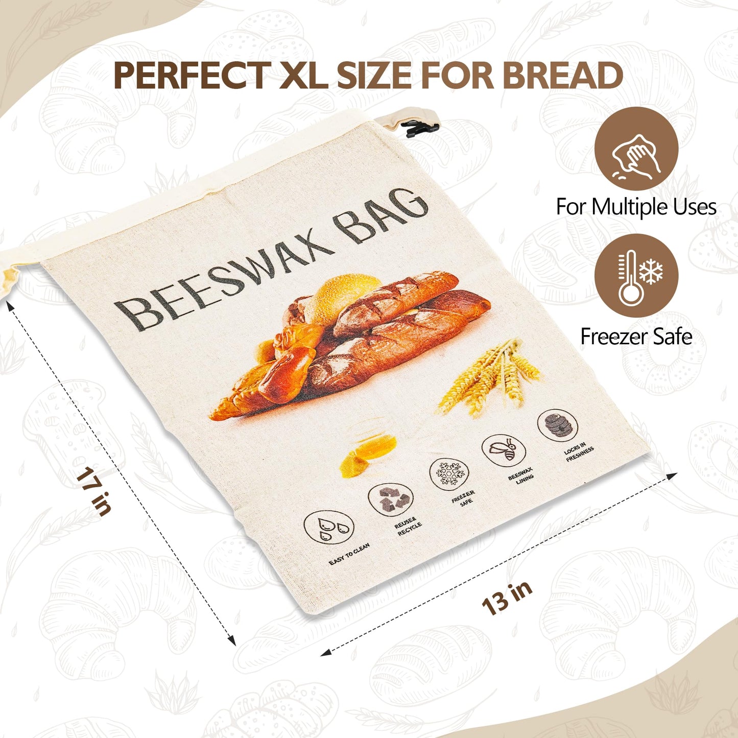 3-Pack Reusable Beeswax Bread Bags for Homemade Bread Sourdough, 2 Natural Beeswax 100% Linen Moisture-proof Lined Storage Bags with Buckle& 1 Bowl Covers –Easy to Clean,Safe,Keeps Bakes Fresh Longer