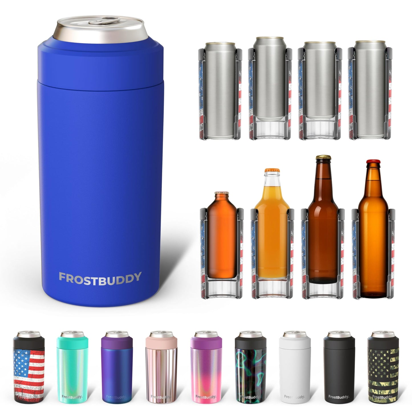 Frost Buddy Universal Buddy Can Cooler - Fits All - For Regular 12 & 16 oz or Slim-Size Bottles - Insulated Double -Walled Stainless Steel (All white)