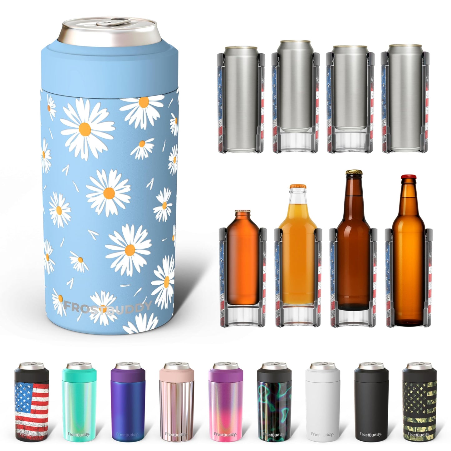 Frost Buddy Universal Buddy Can Cooler - Fits All - For Regular 12 & 16 oz or Slim-Size Bottles - Insulated Double -Walled Stainless Steel (All white)