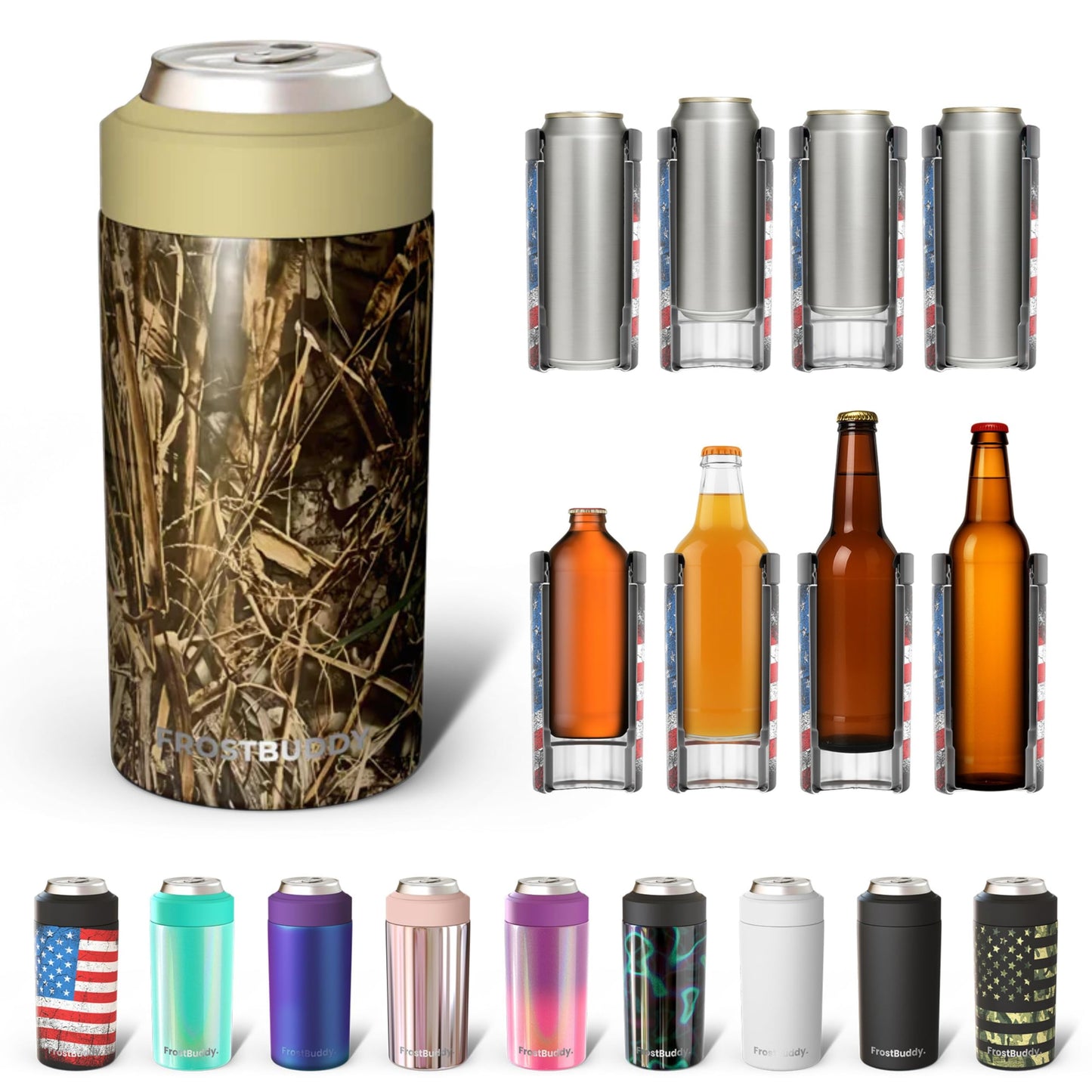 Frost Buddy Universal Buddy Can Cooler - Fits All - For Regular 12 & 16 oz or Slim-Size Bottles - Insulated Double -Walled Stainless Steel (All white)