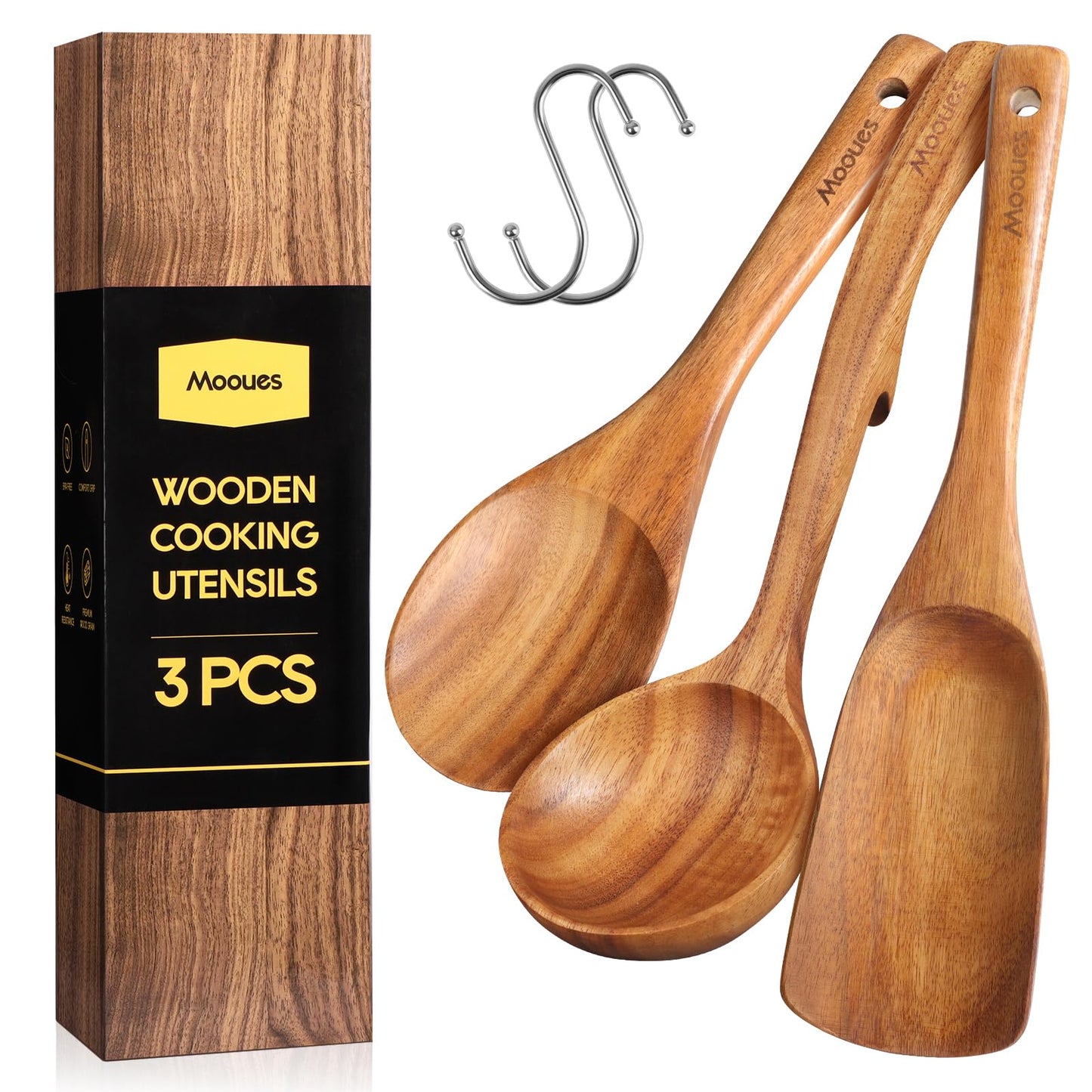 9 Piece Natural Teak Wooden Kitchen Utensil Set with Spoon Rest - Comfort Grip Cooking Spoons and Utensils Holder