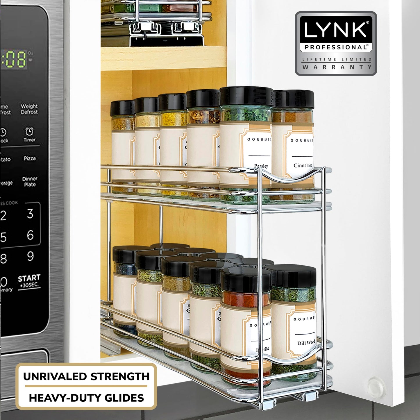 LYNK PROFESSIONAL® Pull Out Spice Rack Organizer for Inside Kitchen Cabinets - 4-3/8 inch Wide - Slide Out Drawer – Black Sliding Spice Cabinet Organization Shelf Racks - 2 Tier