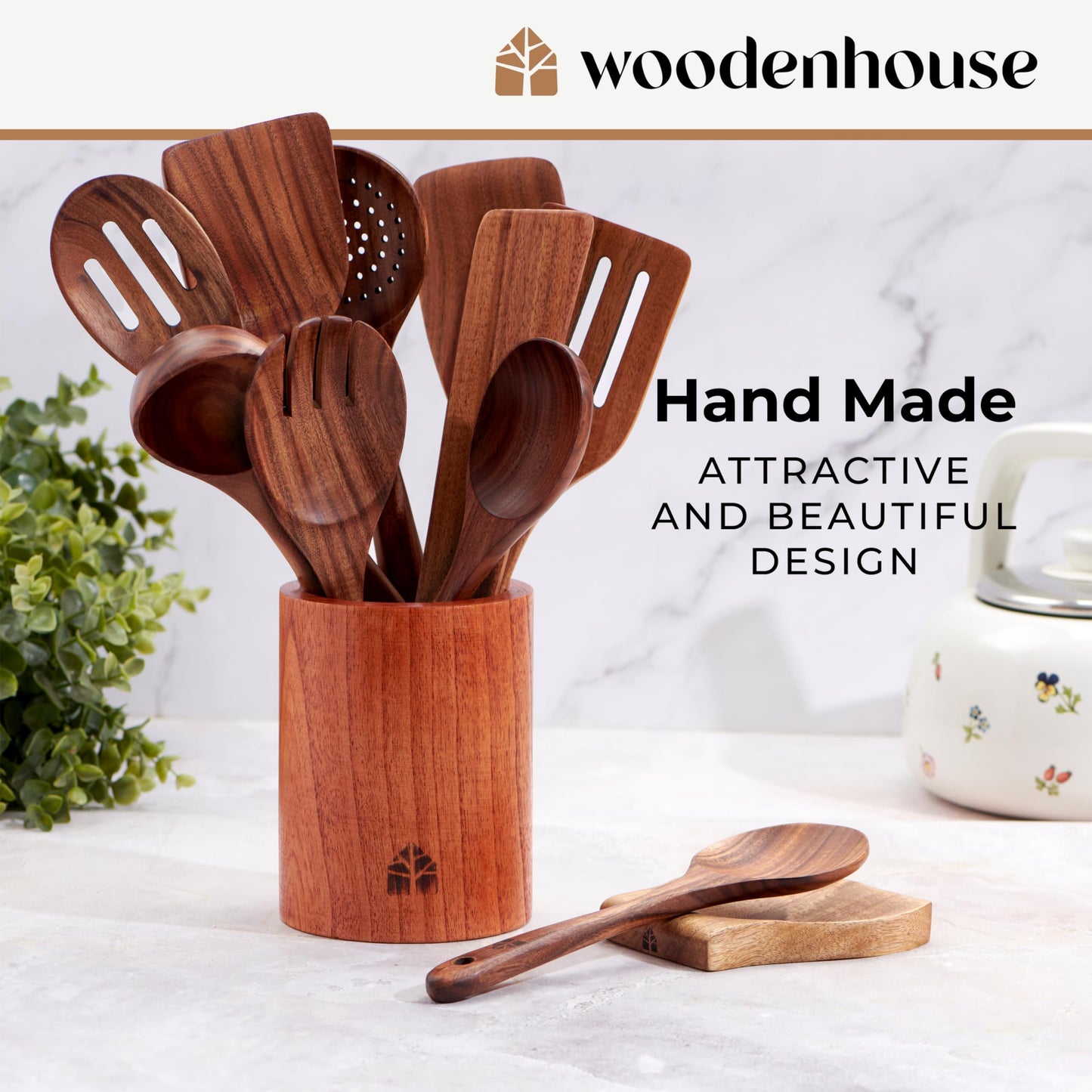 Wooden Utensil Set 8 Pcs – Sturdy & Easy to Clean, Natural Teak Wooden Spoons for Cooking – Non-Scratch Cooking Utensils with Spatula, Turner, Ladle, Spoons, Holder, Spoon Rest, 6 Hooks Kitchen Gifts