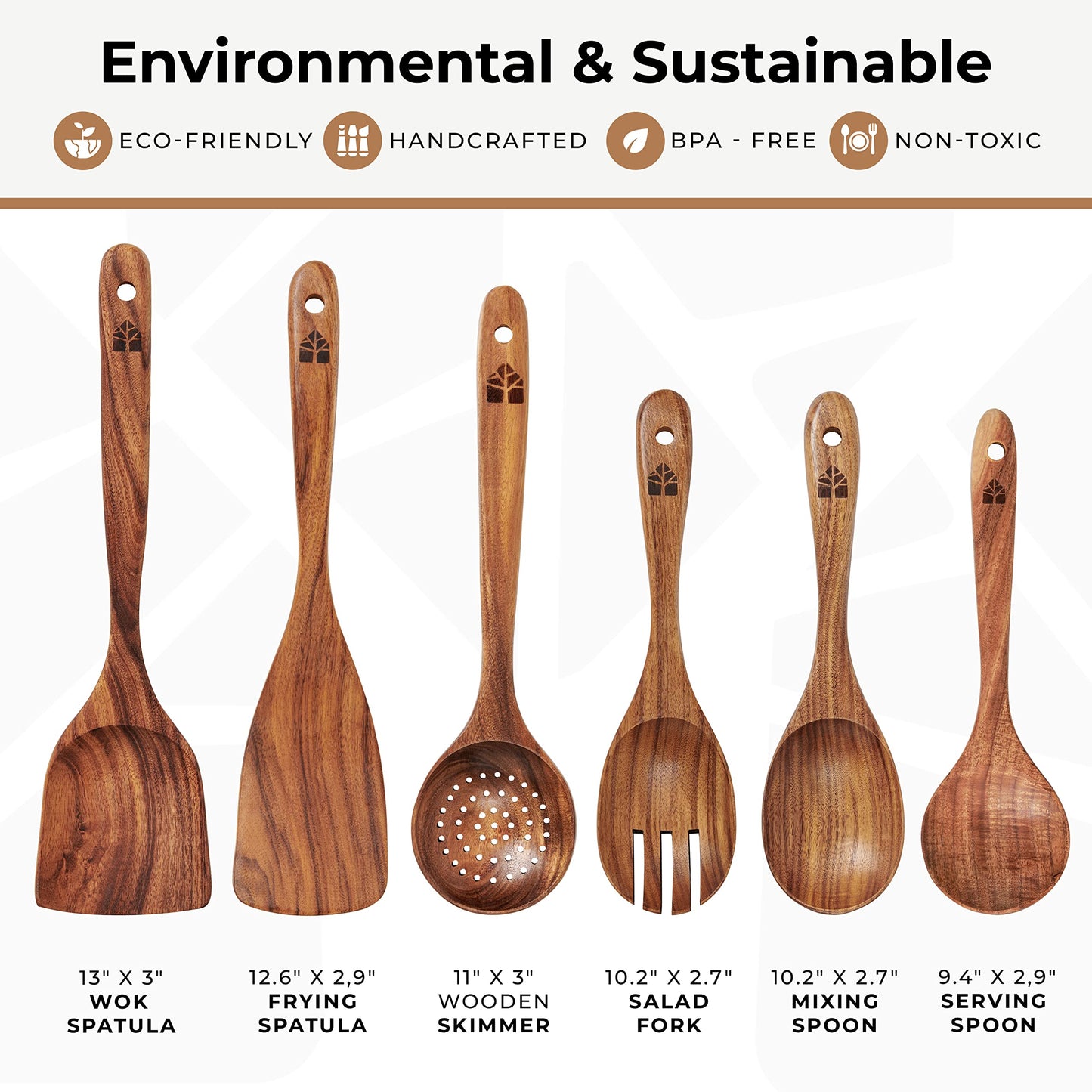 Wooden Spoons for Cooking – 10 Pc Teak Wood Utensil Set, Durable, Nonstick Safe & Heat Resistant with Ergonomic Handles - Unique Kitchen Gifts for Women Men, Cooking Gifts for Men Women