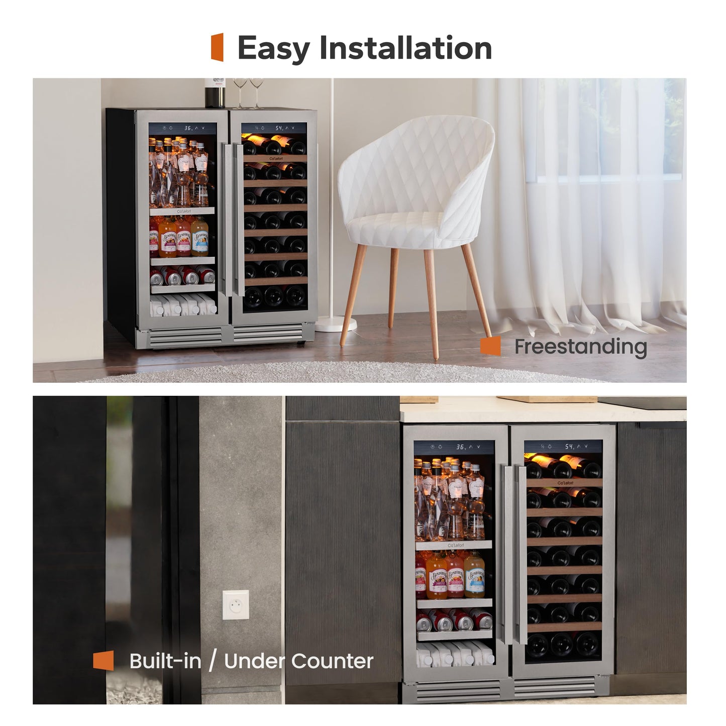 Ca'Lefort 24 Inch Wine and Beverage Refrigerator, 60 Can and 20 Bottle Wine Fridge 36-72°F, 3 LED Dual Zone Wine Cooler with Glass Door, Built-in Compressor Refrigerator for Home/Kitchen (4.10 cu.ft)