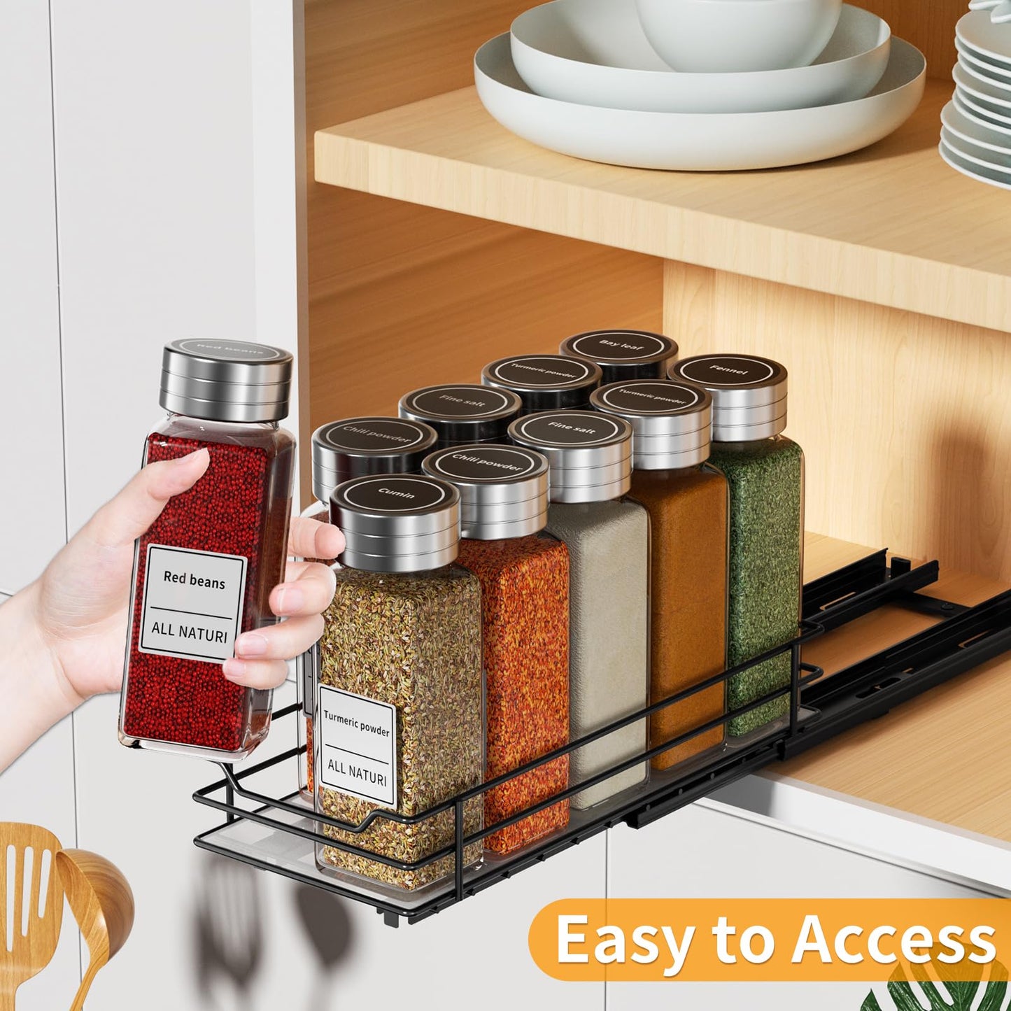 RCHYFEED Pull Out Spice Rack Organizer for Cabinet,Slide out Spice Organizer for Inside Cabinets,Heavy Duty Spice Organization for Kitchen and Pantry,Seasoning,Sauces(1-Tier,8.5" Wx10.5 Dx2.5 H)