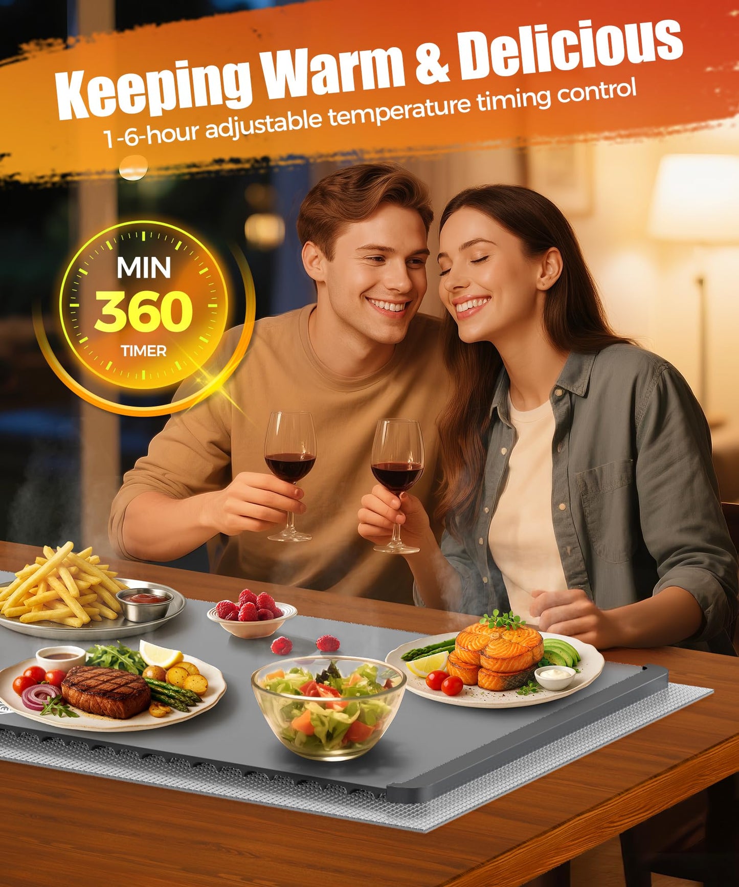 Food Warming Mat with Heat-Resistant Pad, 26X15 Inch, 6 Temperature & 6 Timer Settings, Child Lock Safety,Food Warmer Chafing Dishes for Buffet,Gatherings,Parties,Everyday Use