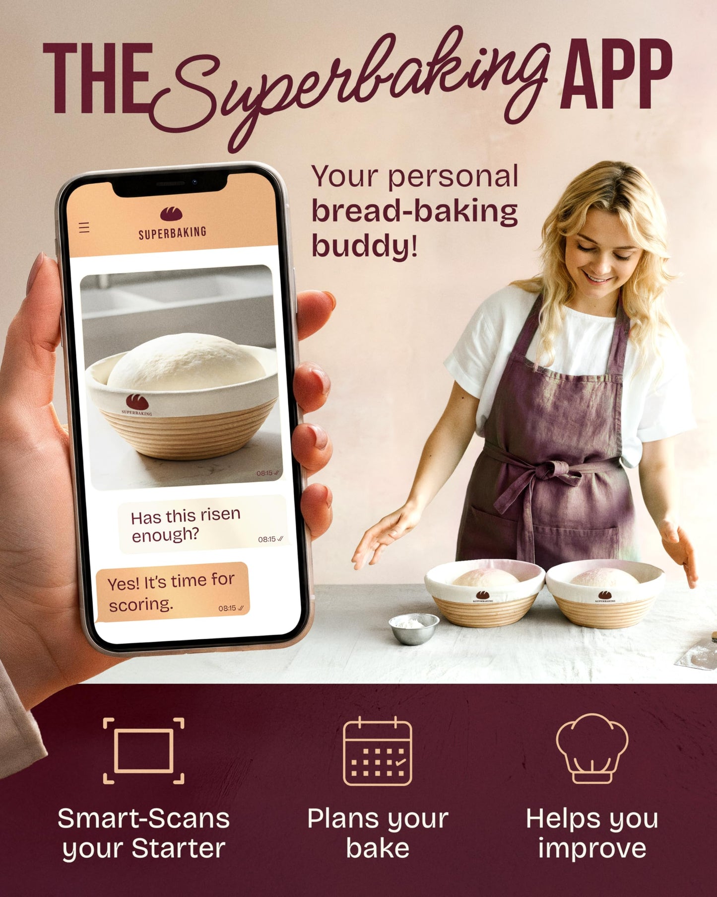 Superbaking 2 pcs Banneton Bread Proofing Basket, 9" Splinter-Free Round Rattan Bread Basket with Liners, Sourdough Starter Kit, Sourdough Bread Baking Supplies & Sourdough Kit, Bread Making Tools