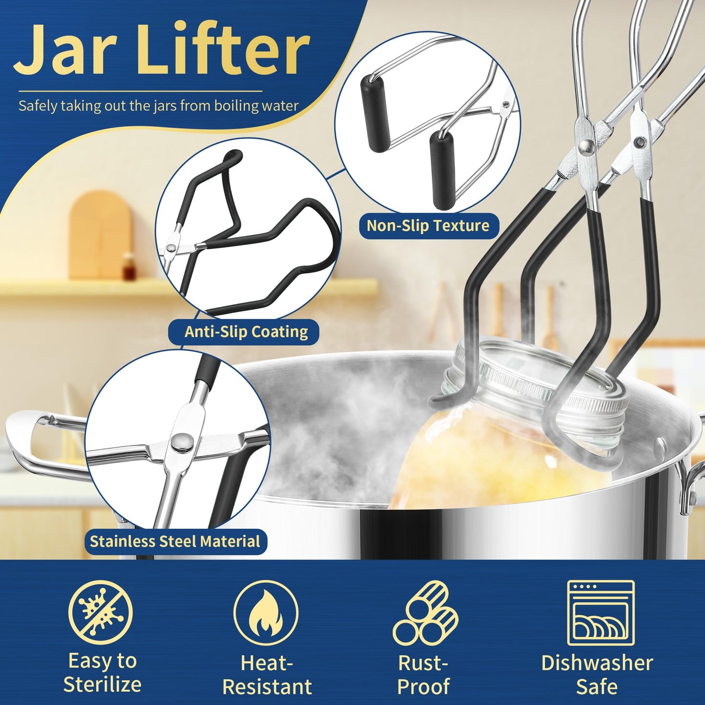 Canning Supplies Starter Kit with Canning Rack,Canning Kit for Beginners 11 Pcs, Jar Lifter, Funnel, Wrench, Tongs, Lid Lifter, Bubble Popper, Labels, Ladle, Measuring Spoon - Black