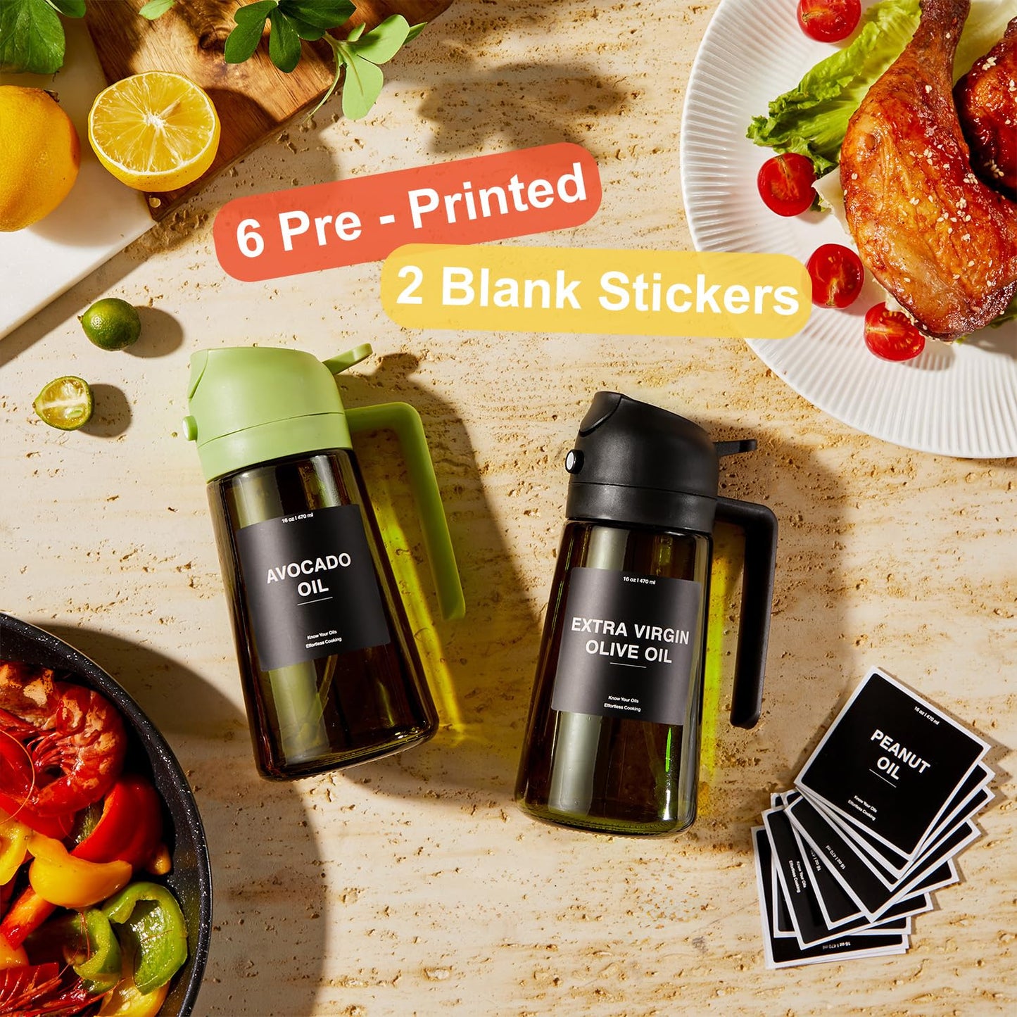 CXINYI - 16oz/470ml Olive Oil Dispenser for Kitchen with Stickers - 2 in 1 Olive Oil Sprayer for Cooking, Air Fryer, and Salad, Black&Green (Light-Proof Kitchen Gadget)
