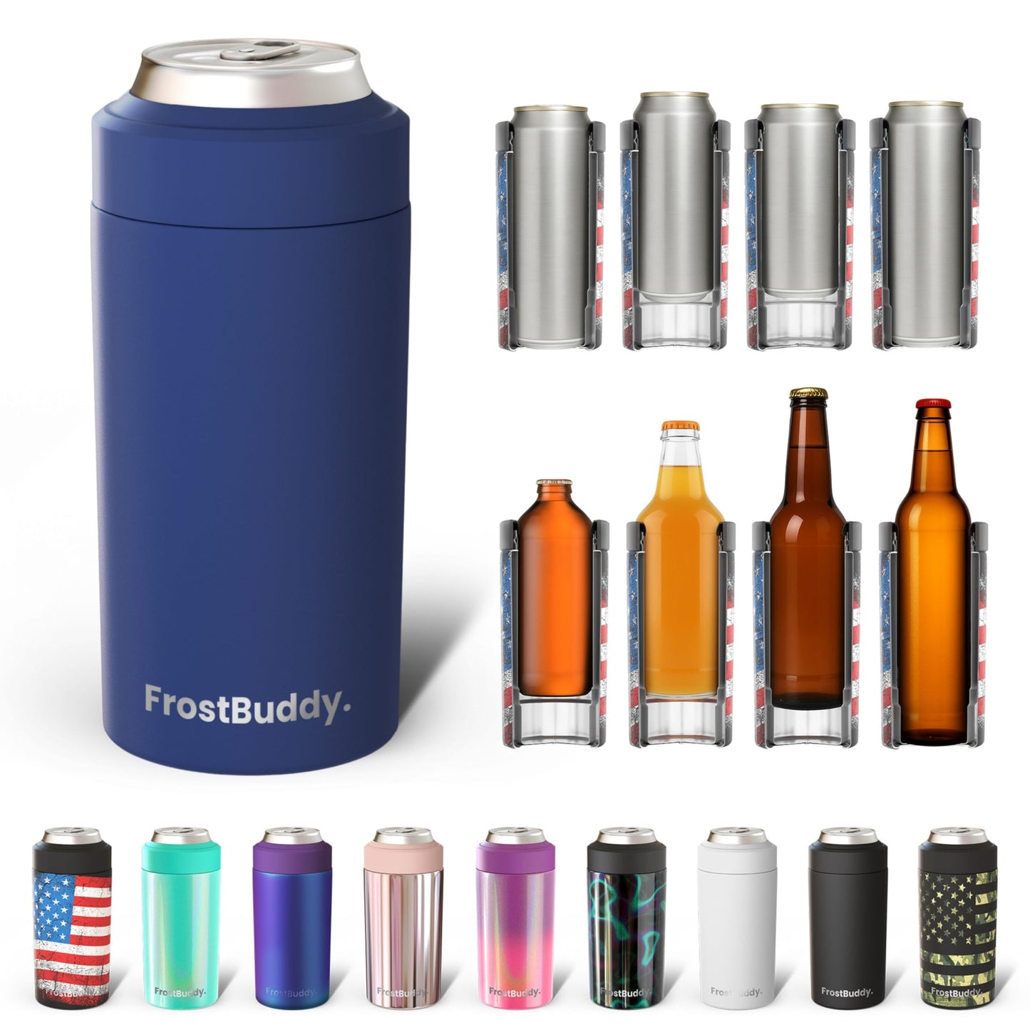 Frost Buddy Universal Buddy Can Cooler - Fits All - For Regular 12 & 16 oz or Slim-Size Bottles - Insulated Double -Walled Stainless Steel (All white)
